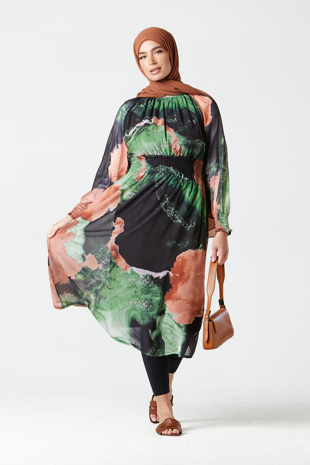 Green-Peach Abstract Midi Dress