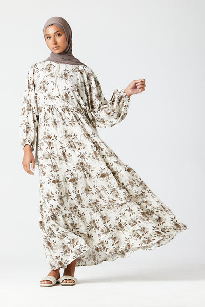 Cream Brown Floral Print Dress
