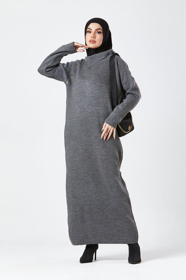 Grey Maxi Knit Dress with Side Buttons