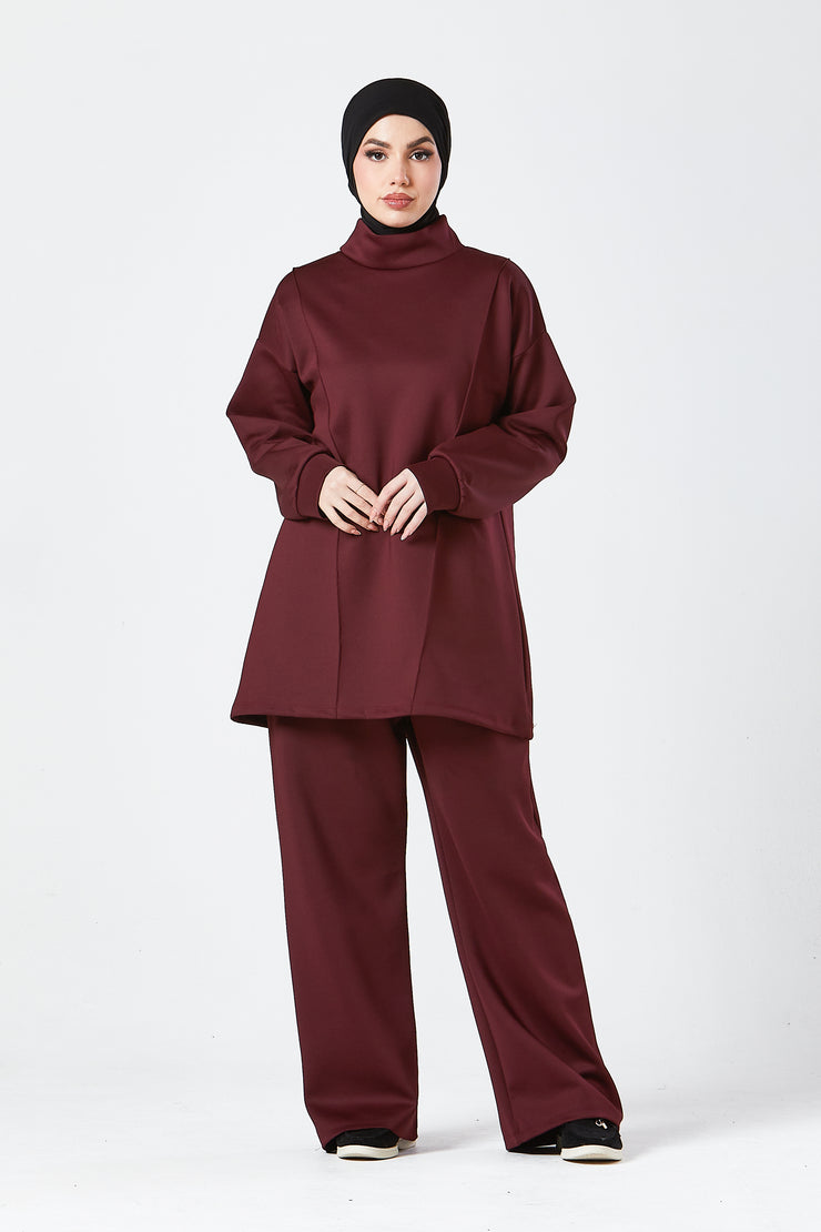 Burgundy Funnel Neck Modest Two Piece Set