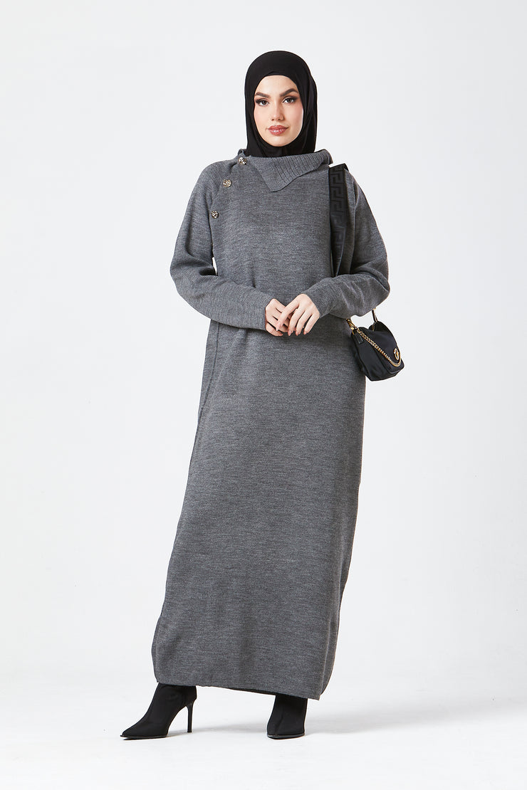 Grey Maxi Knit Dress with Side Buttons