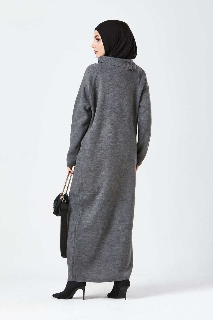 Grey Maxi Knit Dress with Side Buttons