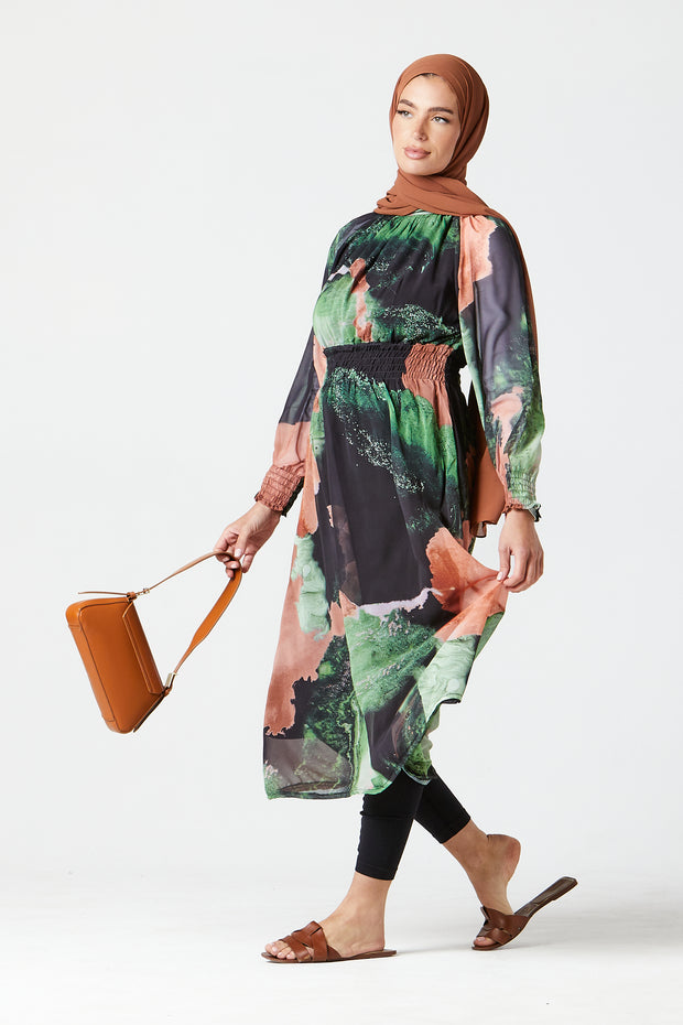 Green-Peach Abstract Midi Dress