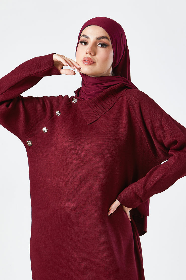 Burgundy Maxi Knit Dress with Side Buttons