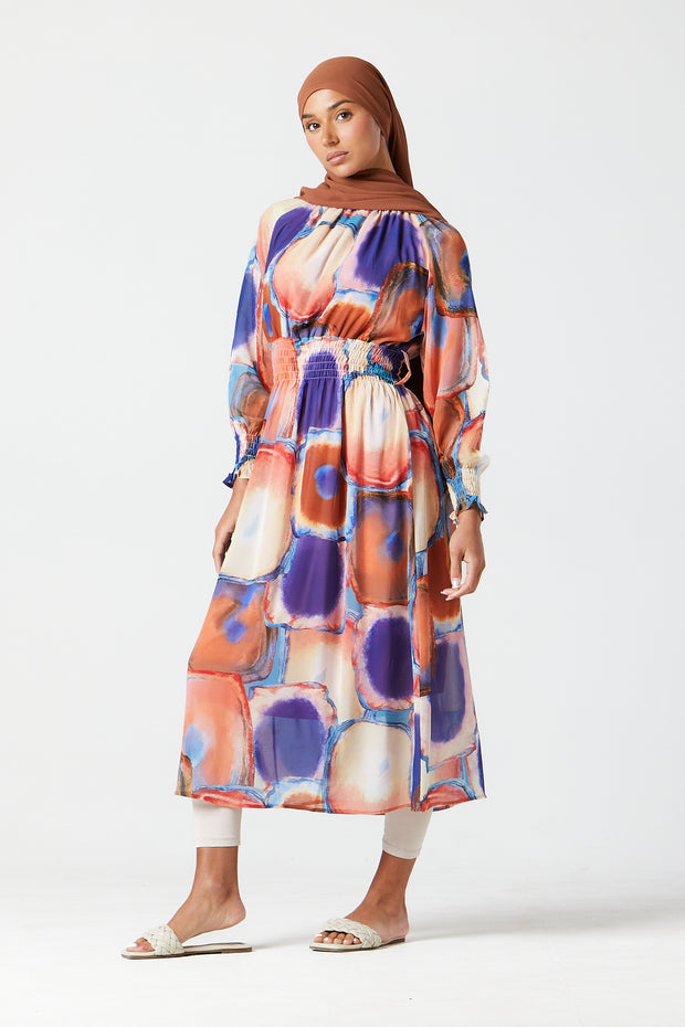 Oarang-Purple Abstract Midi Dress