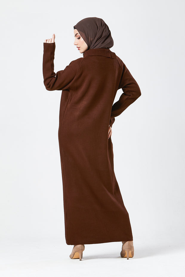 Brown Maxi Knit Dress with Side Buttons