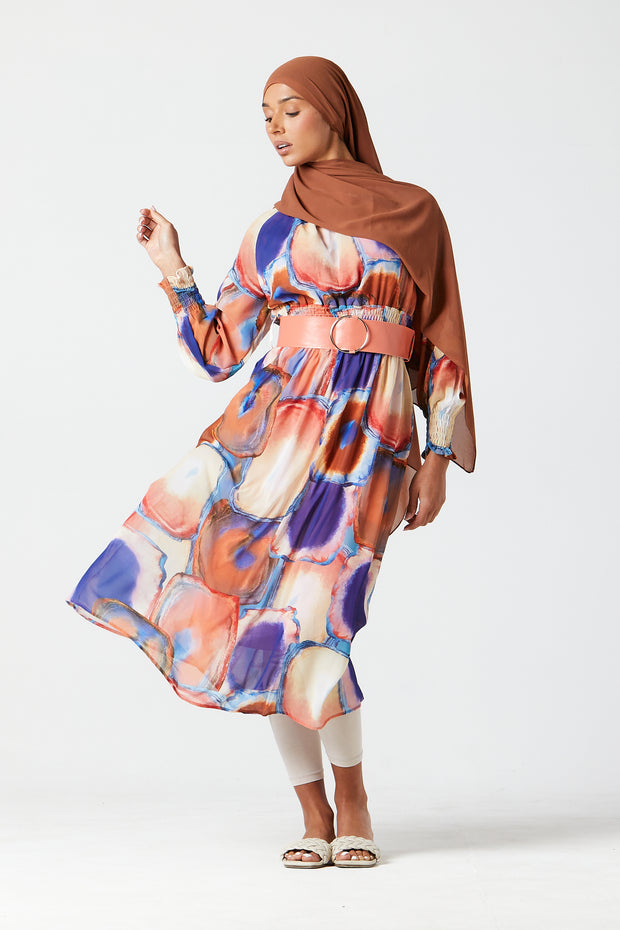 Oarang-Purple Abstract Midi Dress