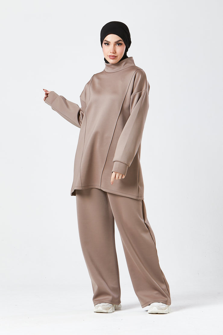 Mocha Funnel Neck Modest Two Piece Set