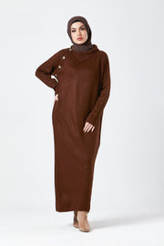 Brown Maxi Knit Dress with Side Buttons