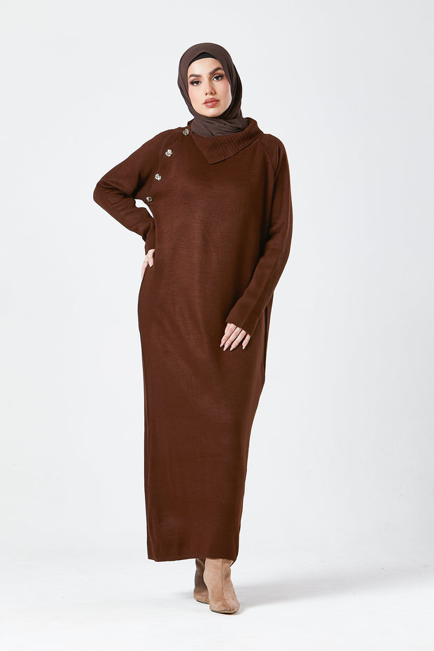 Brown Maxi Knit Dress with Side Buttons