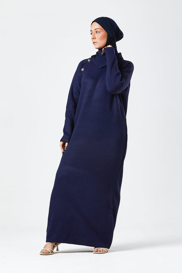 Navy Maxi Knit Dress with Side Buttons