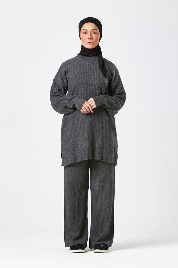 Grey Ribbed Knit Co-ord Set