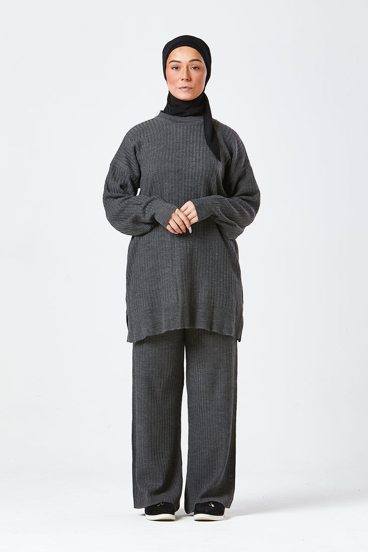 Grey Ribbed Knit Co-ord Set