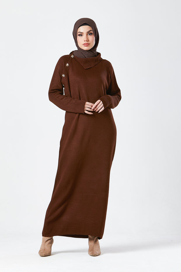 Brown Maxi Knit Dress with Side Buttons