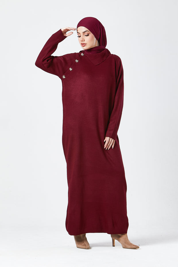 Burgundy Maxi Knit Dress with Side Buttons