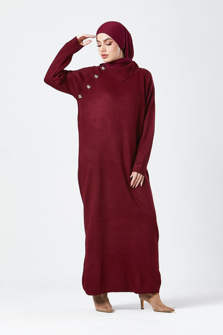Burgundy Maxi Knit Dress with Side Buttons