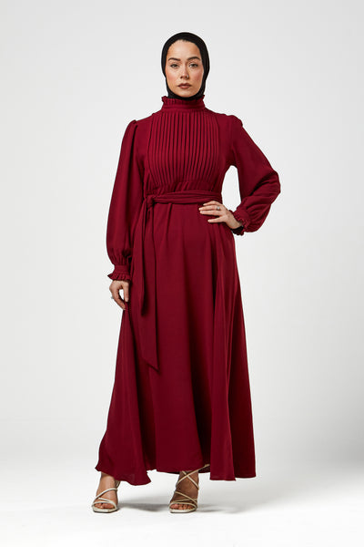 Deep Red Pleated Bodice Maxi Dress