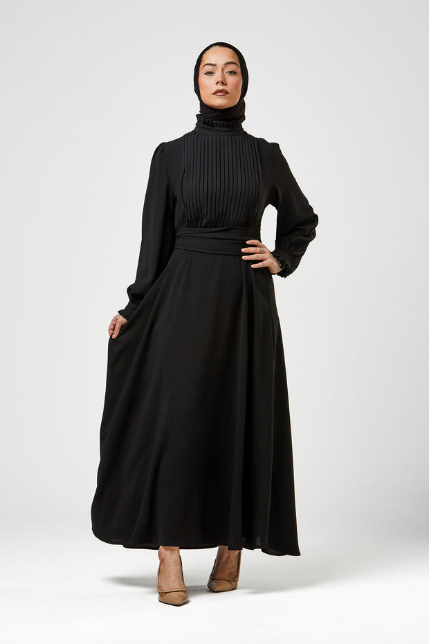 Black Pleated Bodice Maxi Dress