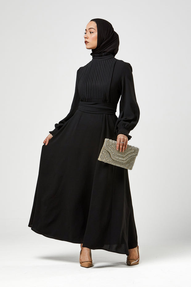 Black Pleated Bodice Maxi Dress
