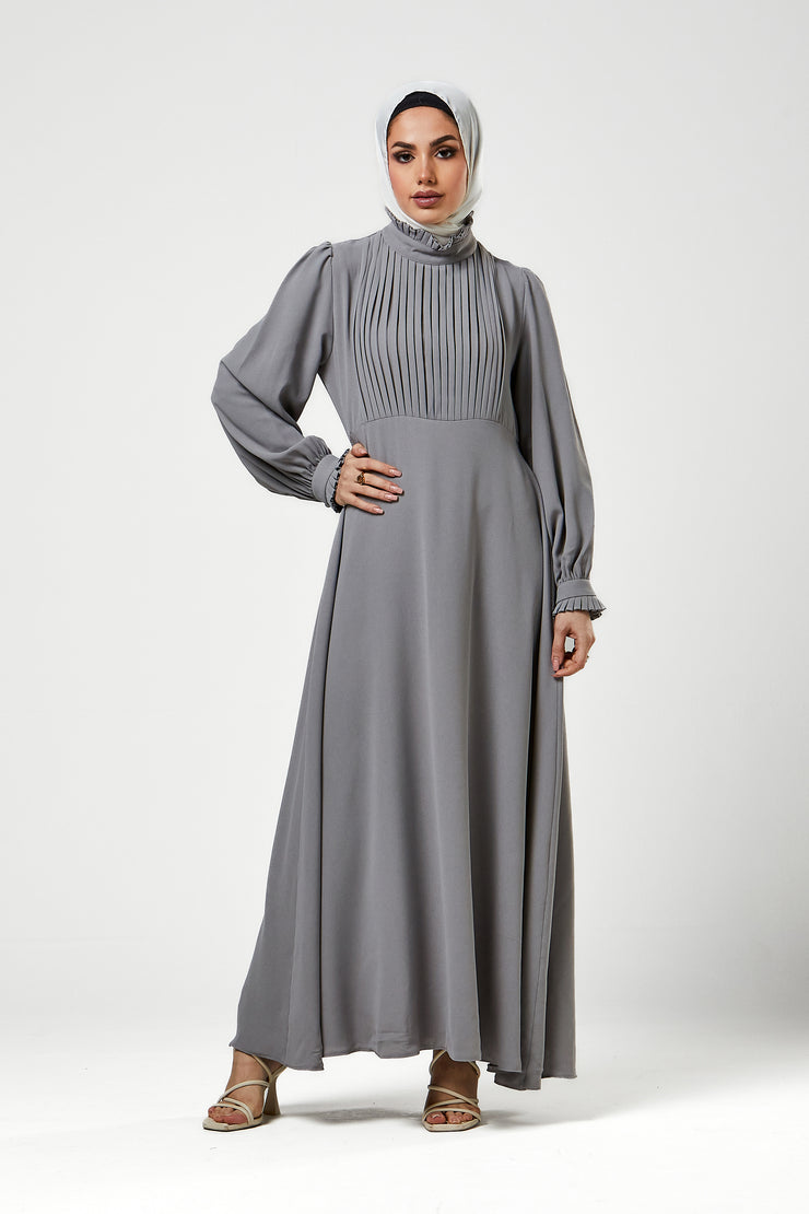 Grey Pleated Bodice Maxi Dress