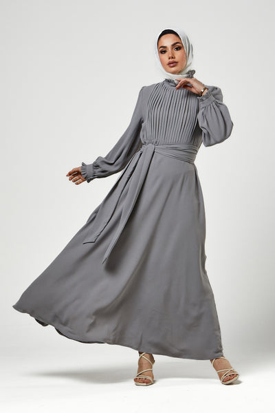 Grey Pleated Bodice Maxi Dress