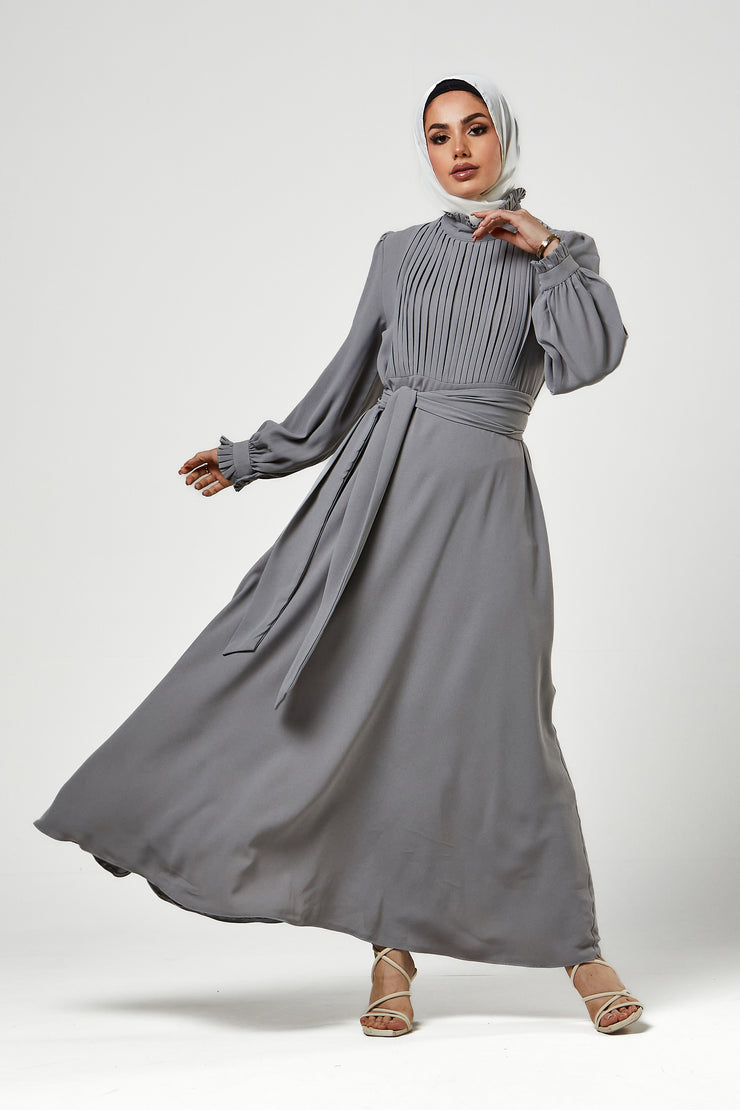 Grey Pleated Bodice Maxi Dress