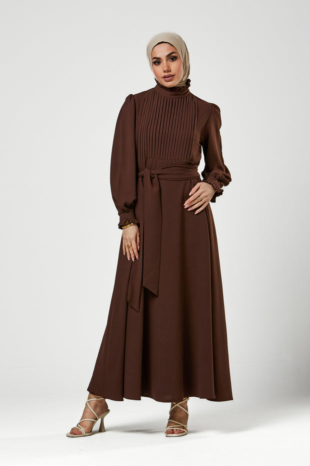 Brown Pleated Bodice Maxi Dress
