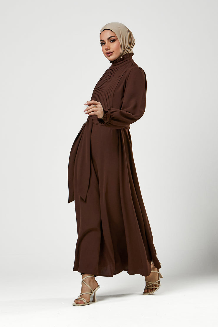 Brown Pleated Bodice Maxi Dress