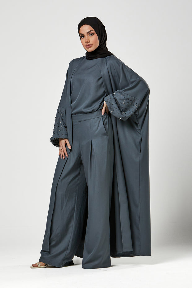 Grey 3pc Co-Ord Abaya Set