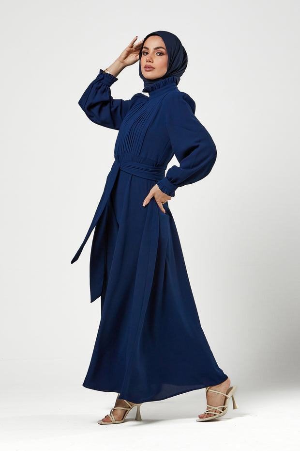 Blue Pleated Bodice Maxi Dress
