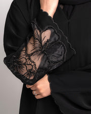 Black Floral Embellished Net Abaya