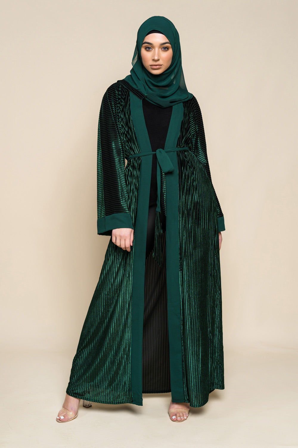 green abaya dress Emerald Velvet Ribbed Open – PardaParadise vip-email Size:28x30 A comfortable yet stylish Royal blue velvet sequins