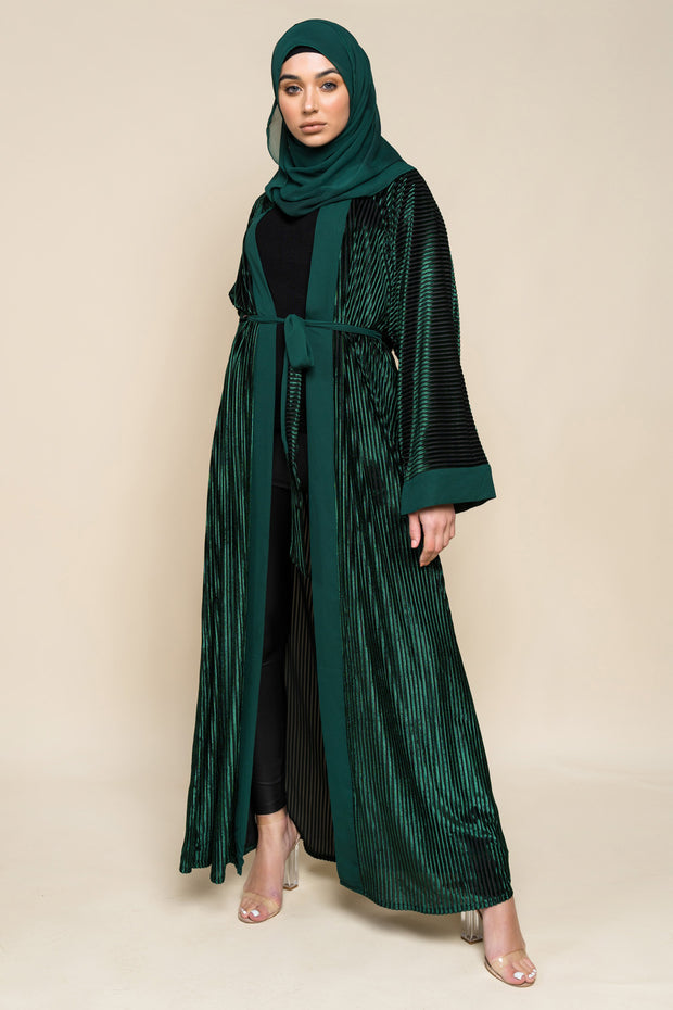 Emerald Green Velvet Ribbed Open Abaya