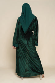 Emerald Green Velvet Ribbed Open Abaya