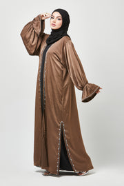 Tan Embellished Bell Sleeve 3pc Abaya Set