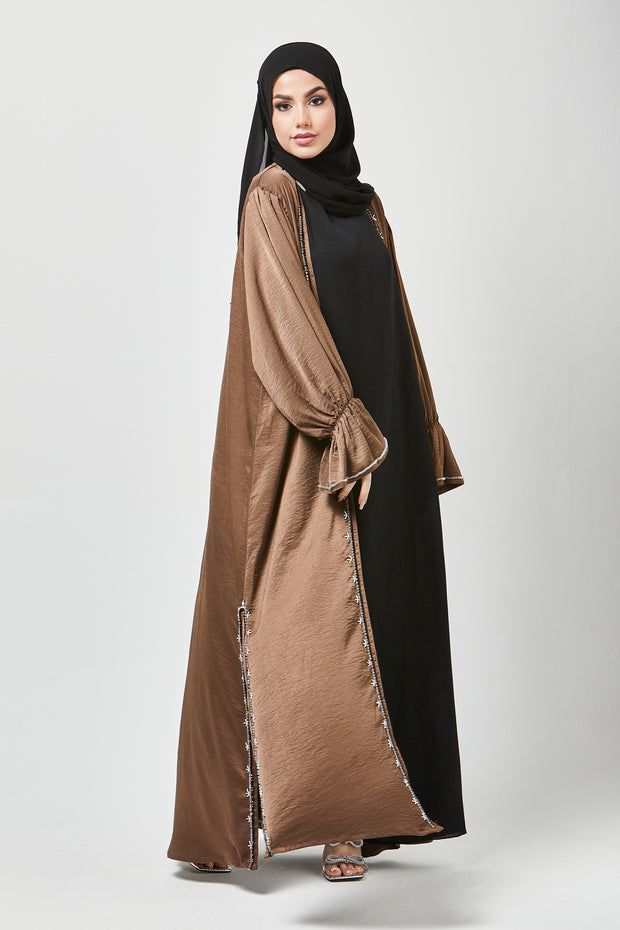 Tan Embellished Bell Sleeve 3pc Abaya Set