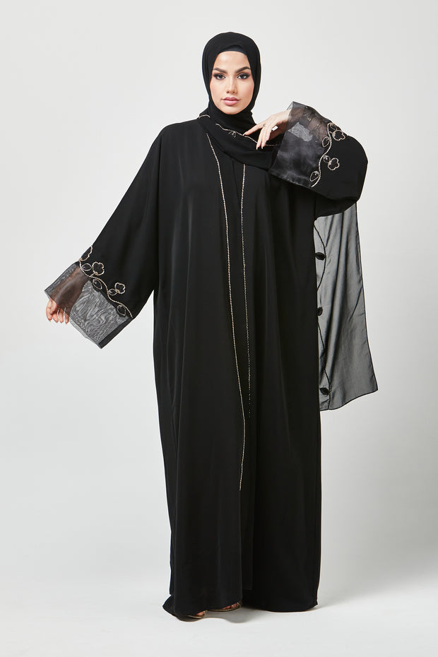 Black & Gold 3d Floral Abaya